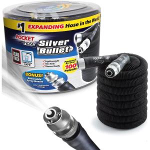 imagePocket Hose Silver Bullet Expandable Garden Hose Adjustable Turbo Shot Nozzle ASSEENONTV 25ft LeadFree UltraLightweight Solid Aluminum Connectors OnOff Valve No Kink AntiLeak50 Feet