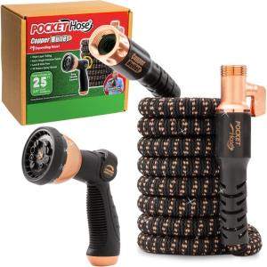imagePocket Hose Copper Bullet Expandable Garden Hose 25 FT w10 Pattern Thumb Spray Nozzle ASSEENONTV 650psi 34 in Patented LeadFree UltraLightweight Solid Copper Anodized Aluminum Fittings NoKink