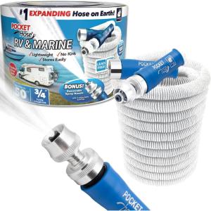imagePocket Hose Expandable Boat ampamp RV White 50 Ft Hose Turbo Shot Nozzle Multiple Spray Patterns 34 in Solid Aluminum LeadFree Fittings Lightweight and NoKink