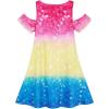 imageWonderBabe Girls Dresses Clothes Kids Short Sleeve Cold Shoulder School Twirly Skater Dress Summer Casual Mermaid SundressDunicorn
