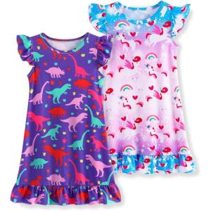 imageWonderBabe 2Pcs Girls Nightgowns Unicorn Pajamas Toddler Nightgown Sleepwear Flutter Short Sleeves Night Gowns for KidsAdinosaursunicorns