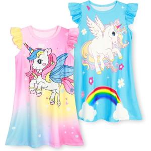 imageWonderBabe 2Pcs Girls Nightgowns Unicorn Pajamas Toddler Nightgown Sleepwear Flutter Short Sleeves Night Gowns for KidsAunicorn
