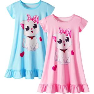 imageWonderBabe 2Pcs Girls Nightgowns Unicorn Pajamas Toddler Nightgown Sleepwear Flutter Short Sleeves Night Gowns for KidsBcat