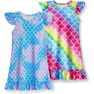 imageWonderBabe 2Pcs Girls Nightgowns Unicorn Pajamas Toddler Nightgown Sleepwear Flutter Short Sleeves Night Gowns for KidsBmermaid