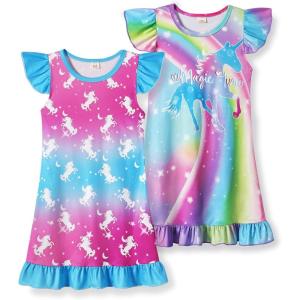 imageWonderBabe 2Pcs Girls Nightgowns Unicorn Pajamas Toddler Nightgown Sleepwear Flutter Short Sleeves Night Gowns for KidsBunicorn