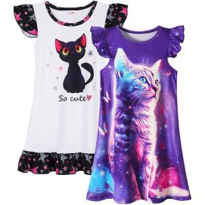 imageWonderBabe 2Pcs Girls Nightgowns Unicorn Pajamas Toddler Nightgown Sleepwear Flutter Short Sleeves Night Gowns for KidsCcat
