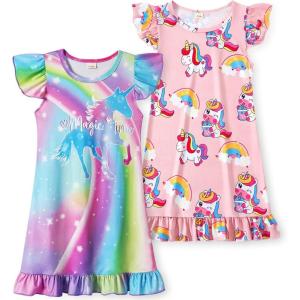 imageWonderBabe 2Pcs Girls Nightgowns Unicorn Pajamas Toddler Nightgown Sleepwear Flutter Short Sleeves Night Gowns for KidsCunicorn