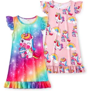 imageWonderBabe 2Pcs Girls Nightgowns Unicorn Pajamas Toddler Nightgown Sleepwear Flutter Short Sleeves Night Gowns for KidsDunicorn