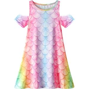 imageWonderBabe Girls Dresses Clothes Kids Short Sleeve Cold Shoulder School Twirly Skater Dress Summer Casual Mermaid SundressAmermaid