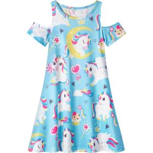imageWonderBabe Girls Dresses Clothes Kids Short Sleeve Cold Shoulder School Twirly Skater Dress Summer Casual Mermaid SundressAunicorn