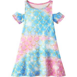 imageWonderBabe Girls Dresses Clothes Kids Short Sleeve Cold Shoulder School Twirly Skater Dress Summer Casual Mermaid SundressBmermaid