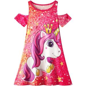 imageWonderBabe Girls Dresses Clothes Kids Short Sleeve Cold Shoulder School Twirly Skater Dress Summer Casual Mermaid SundressBunicorn