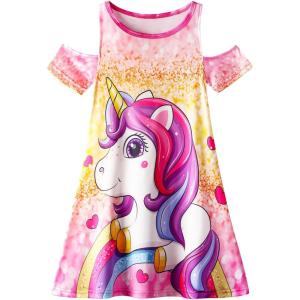 imageWonderBabe Girls Dresses Clothes Kids Short Sleeve Cold Shoulder School Twirly Skater Dress Summer Casual Mermaid SundressCunicorn
