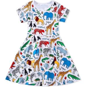 imageWonderBabe Girls Dresses Toddler Dinosaur Summer Sundress Kids Short Sleeve School Casual A Line Twirly Skater DressesAanimals