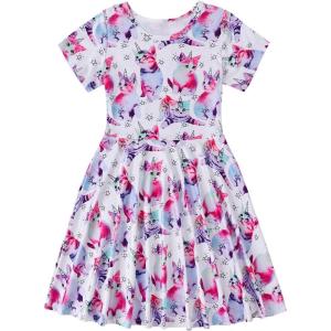 imageWonderBabe Girls Dresses Toddler Dinosaur Summer Sundress Kids Short Sleeve School Casual A Line Twirly Skater DressesAcat