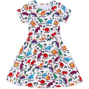 imageWonderBabe Girls Dresses Toddler Dinosaur Summer Sundress Kids Short Sleeve School Casual A Line Twirly Skater DressesAdinosaur