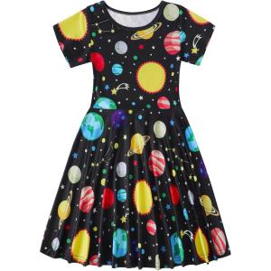 imageWonderBabe Girls Dresses Toddler Dinosaur Summer Sundress Kids Short Sleeve School Casual A Line Twirly Skater DressesAgalaxy