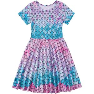 imageWonderBabe Girls Dresses Toddler Dinosaur Summer Sundress Kids Short Sleeve School Casual A Line Twirly Skater DressesAmermaid