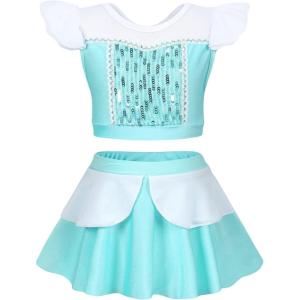 imageWonderBabe Girls Princess Two Piece Swimsuit Kids Bathing Suits Ruffles Fancy Swimwear Surf Beach Summer Swimming Tankini SetLight Blue