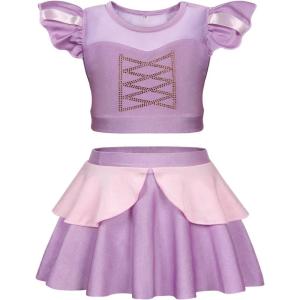 imageWonderBabe Girls Princess Two Piece Swimsuit Kids Bathing Suits Ruffles Fancy Swimwear Surf Beach Summer Swimming Tankini SetPurple