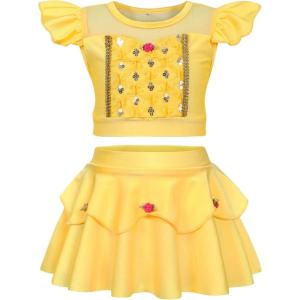 imageWonderBabe Girls Princess Two Piece Swimsuit Kids Bathing Suits Ruffles Fancy Swimwear Surf Beach Summer Swimming Tankini SetYellow
