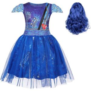 imageWonderBabe Girls Descendants Costumes Birthday Party Dress Mal Popular Musical Cosplay Halloween Outfits with WigNavywig