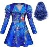 imageWonderBabe Evie Costume Girls Zipper Jacket Long Sleeve Dress Kids Halloween Costume Party Cosplay OutfitBluewig