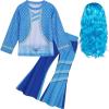 imageWonderBabe Girls Chloe Descendants Costume 2 Piece Long Sleeve Outfits Princess Movie Halloween Birthday Party Dress Up Clothes with bule wig size 78