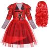imageWonderBabe Girls Rise Red Costumes Kids Bridget Descendants Long Sleeve Dress Halloween Birthday Party Outfits with WigRed