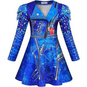 imageWonderBabe Evie Costume Girls Zipper Jacket Long Sleeve Dress Kids Halloween Costume Party Cosplay OutfitBlue
