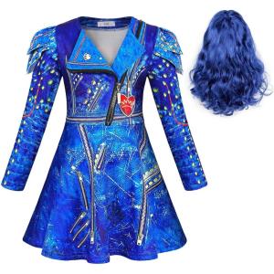 imageWonderBabe Evie Costume Girls Zipper Jacket Long Sleeve Dress Kids Halloween Costume Party Cosplay OutfitBluewig