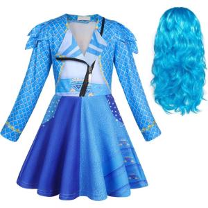 imageWonderBabe Girls Rise Red Costume with Wig Kids Zipper Jacket Long Sleeve Dress Rise Red Princess Halloween Dress up OutfitLight Blue