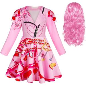 imageWonderBabe Girls Rise Red Costume with Wig Kids Zipper Jacket Long Sleeve Dress Rise Red Princess Halloween Dress up OutfitPink