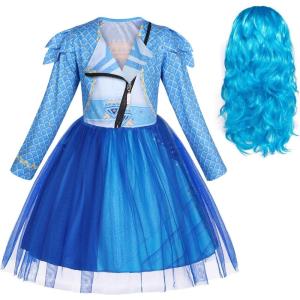 imageWonderBabe Girls Rise Red Costumes Kids Bridget Descendants Long Sleeve Dress Halloween Birthday Party Outfits with WigBlue