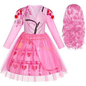 imageWonderBabe Girls Rise Red Costumes Kids Bridget Descendants Long Sleeve Dress Halloween Birthday Party Outfits with WigPink