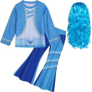 imageWonderBabe Red Descendants Costume Kids Halloween Party Outfits Girls Chloe Cosplay Cartoon Top and Flare Pants with WigBlue