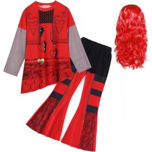 imageWonderBabe Red Descendants Costume Kids Halloween Party Outfits Girls Chloe Cosplay Cartoon Top and Flare Pants with WigRed