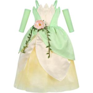 imageWonderBabe Princess and The Frog Dress for Girls Birthday Party Fairy Dress Up Kids Halloween Costume with SleeveletGreen