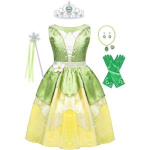 imageWonderBabe Princess Costume Girls Green Frog Dress Kids Dress Up Fancy Halloween Birthday Party Fairy Outfits 38TGreen Dress7 Piece Set