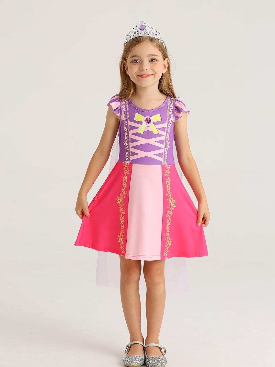 imageWonderBabe Princess Dress With Cape Girls Halloween Birthday Party Cosplay Costume Toddler Ruffle Sleeve Fancy Outfit GiftPurple