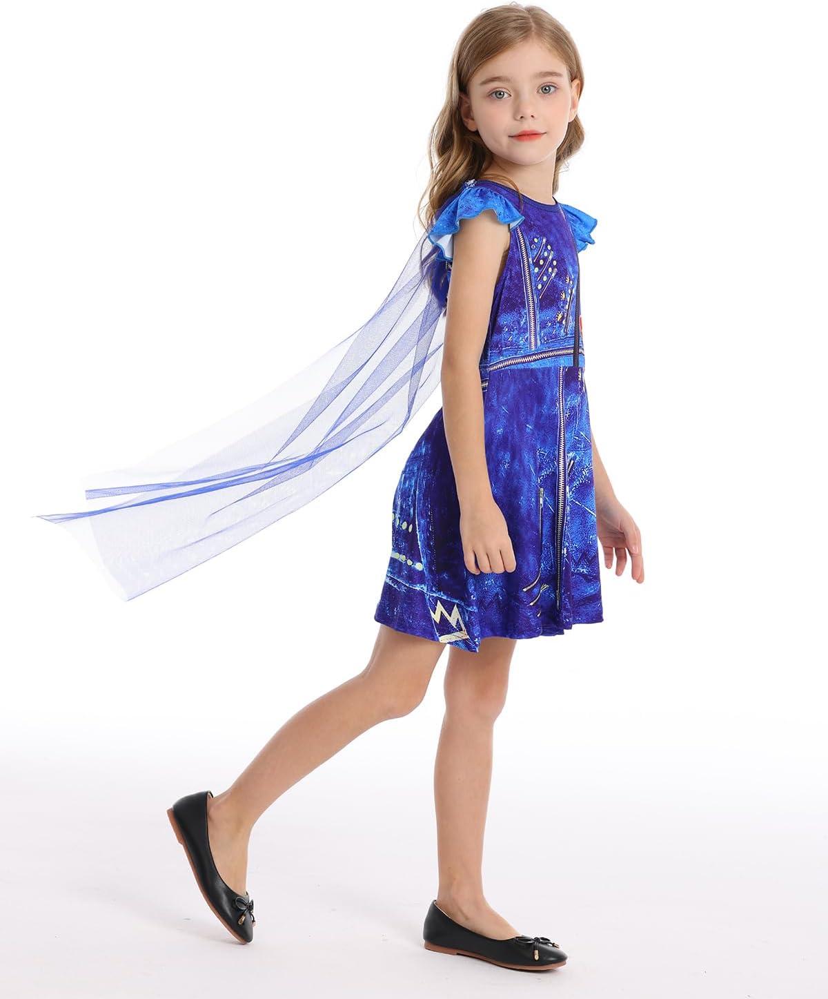 imageWonderBabe Princess Dress With Cape Girls Halloween Birthday Party Cosplay Costume Toddler Ruffle Sleeve Fancy Outfit GiftPurplish Blue