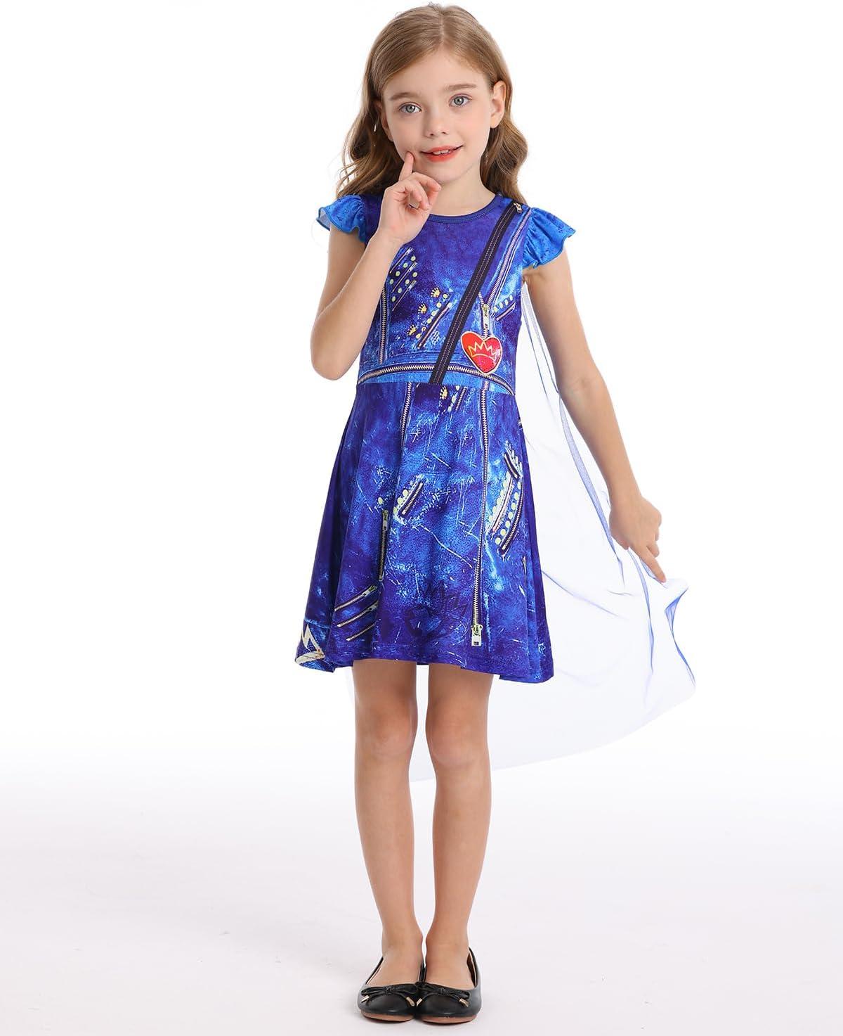 imageWonderBabe Princess Dress With Cape Girls Halloween Birthday Party Cosplay Costume Toddler Ruffle Sleeve Fancy Outfit GiftPurplish Blue