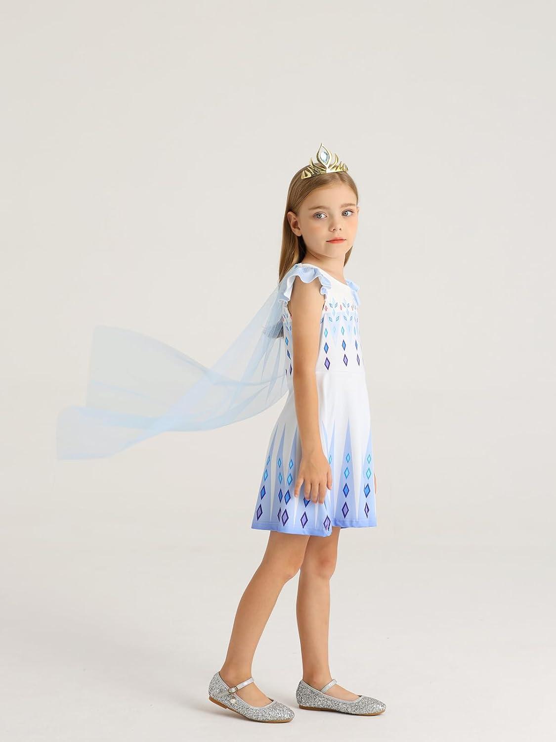 imageWonderBabe Princess Dress With Cape Girls Halloween Birthday Party Cosplay Costume Toddler Ruffle Sleeve Fancy Outfit GiftWhite