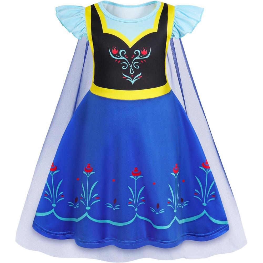 imageWonderBabe Princess Dress With Cape Girls Halloween Birthday Party Cosplay Costume Toddler Ruffle Sleeve Fancy Outfit GiftDark Blue