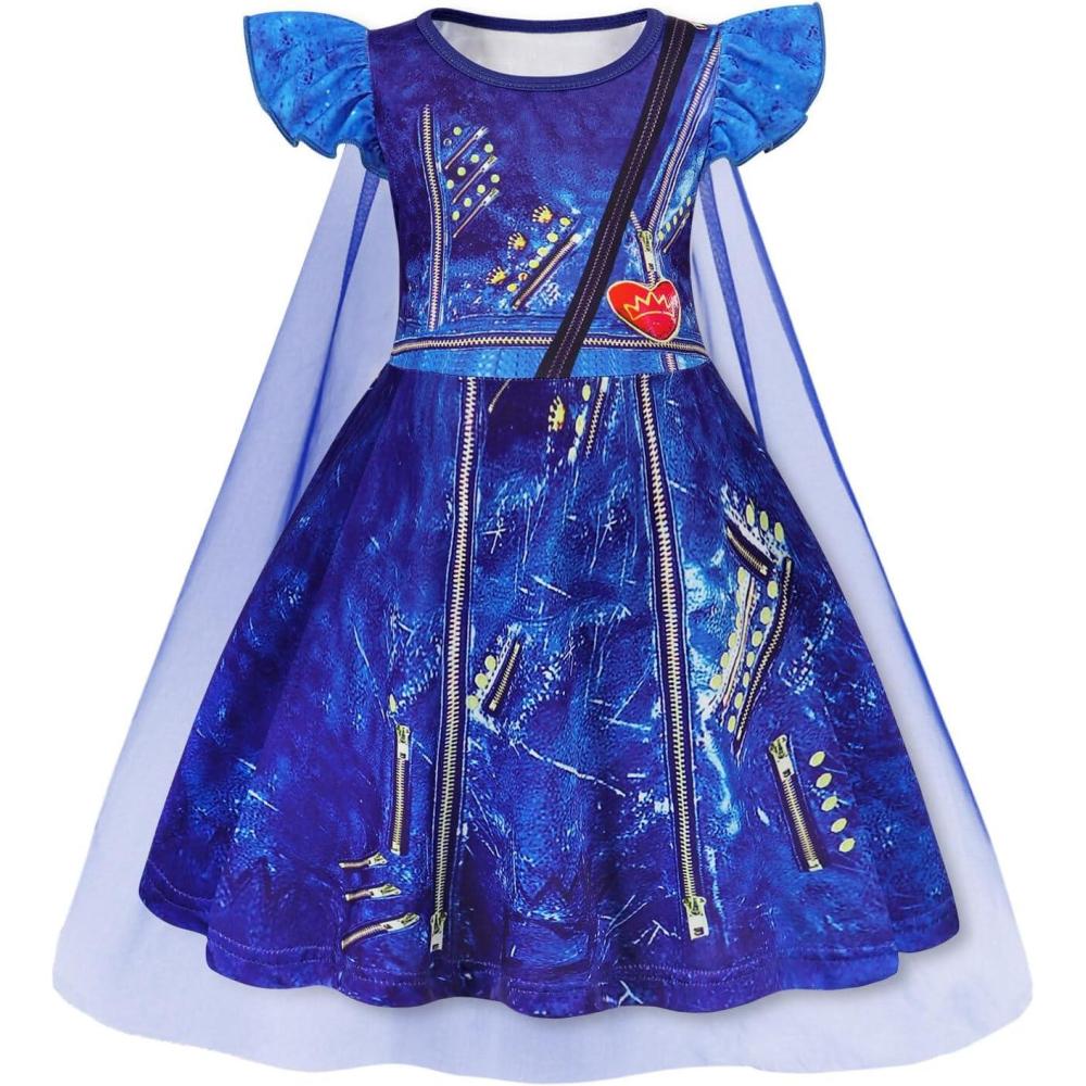 imageWonderBabe Princess Dress With Cape Girls Halloween Birthday Party Cosplay Costume Toddler Ruffle Sleeve Fancy Outfit GiftPurplish Blue