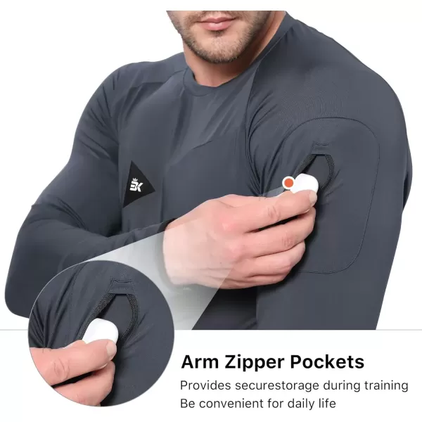 imageBROKIG Mens Armzip Long Sleeve Running Shirts Quick Dry Sun Protection UV UPF 50 Jogging T Shirts Zip Pocket Gym WorkoutBlackDark Grey