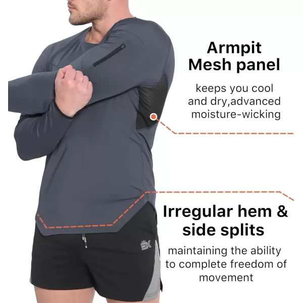imageBROKIG Mens Armzip Long Sleeve Running Shirts Quick Dry Sun Protection UV UPF 50 Jogging T Shirts Zip Pocket Gym WorkoutDark Grey