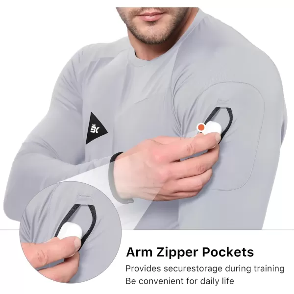 imageBROKIG Mens Armzip Long Sleeve Running Shirts Quick Dry Sun Protection UV UPF 50 Jogging T Shirts Zip Pocket Gym WorkoutLight Grey