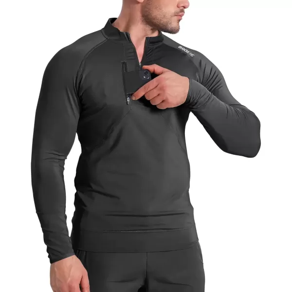 imageBROKIG Mens Dualzip Lightweight Muscle Quarter Zip Long Sleeve Shirts Workout Running Gym Athletic Slim Fit 14 Zip JacketsBlack