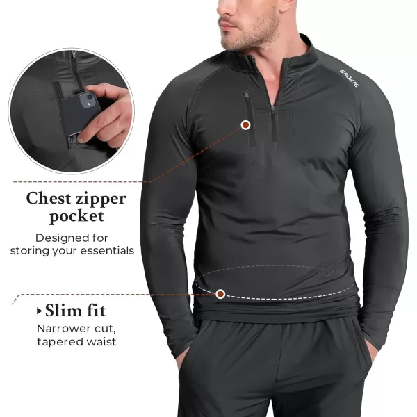 imageBROKIG Mens Dualzip Lightweight Muscle Quarter Zip Long Sleeve Shirts Workout Running Gym Athletic Slim Fit 14 Zip JacketsBlackdark Gray